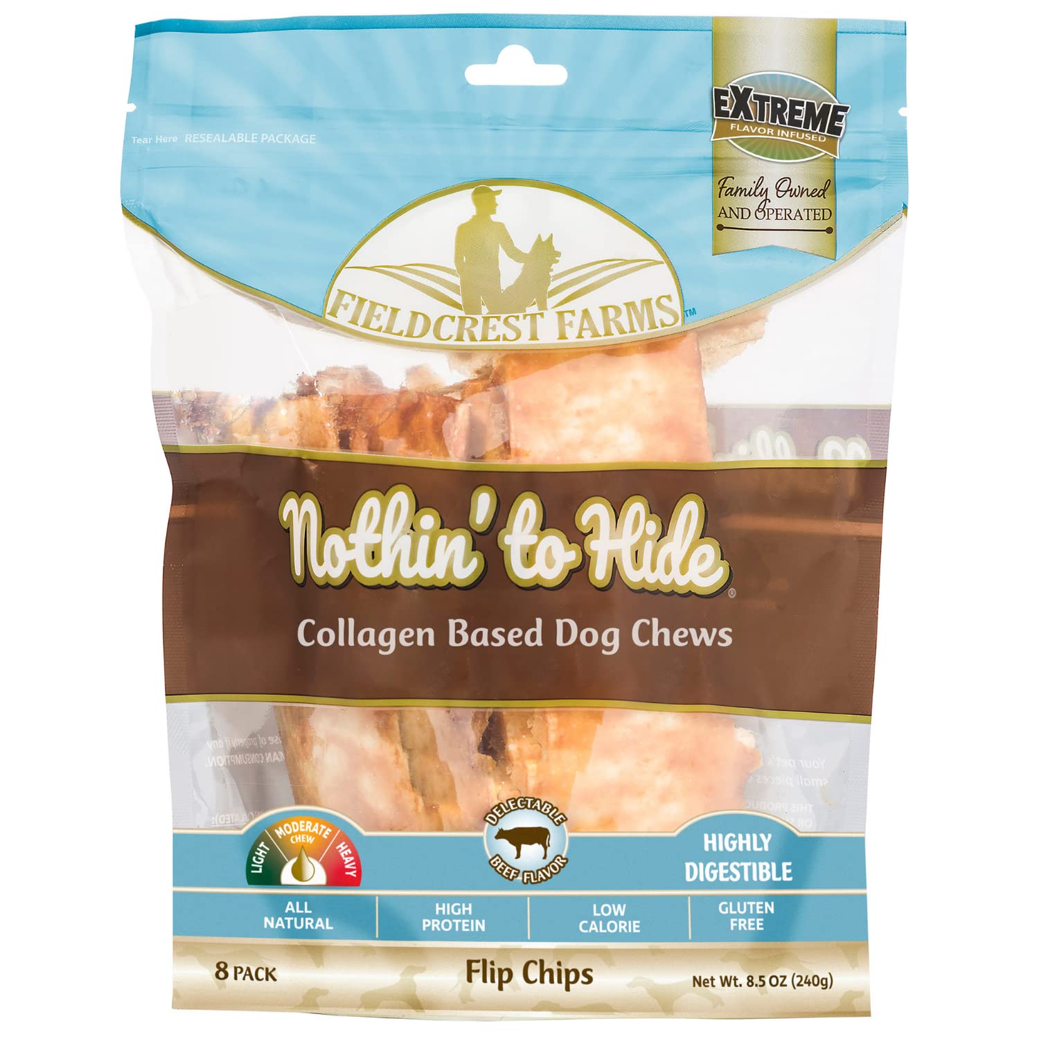 Fieldcrest Farms Nothin' to Hide Flip Chips beef bag closeup for convenient, long-lasting chews