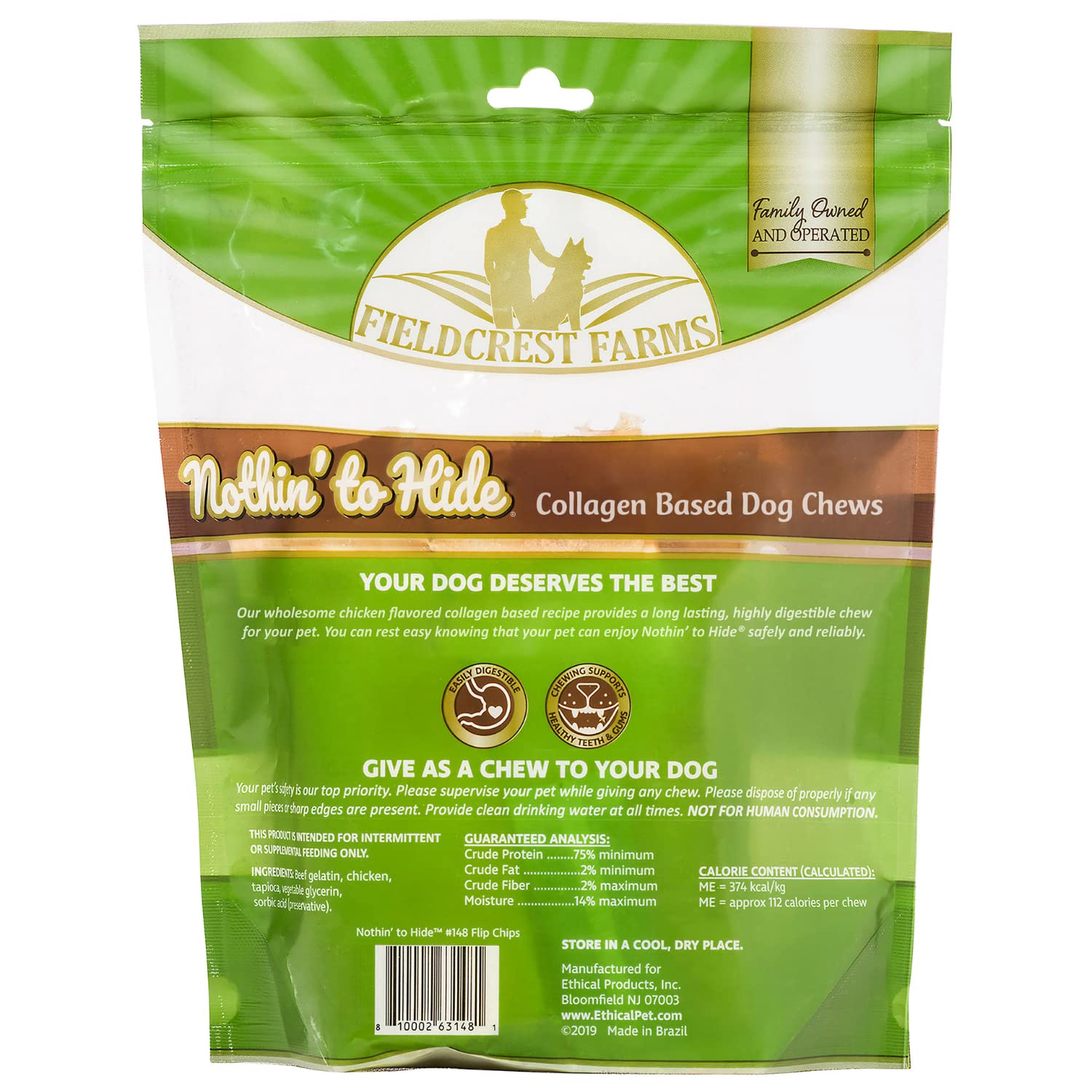 Fieldcrest Farms Nothin' to Hide Flip Chips chicken chews; protein-forward snack for moderate chewers.