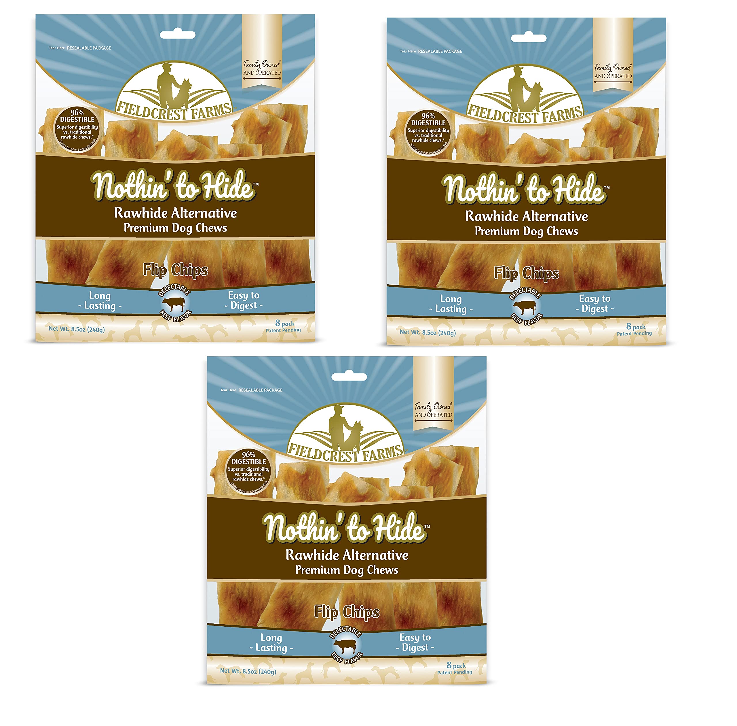 Fieldcrest Farms Nothin to Hide Flip Chips Beef package shows a 3-pack for long chew sessions