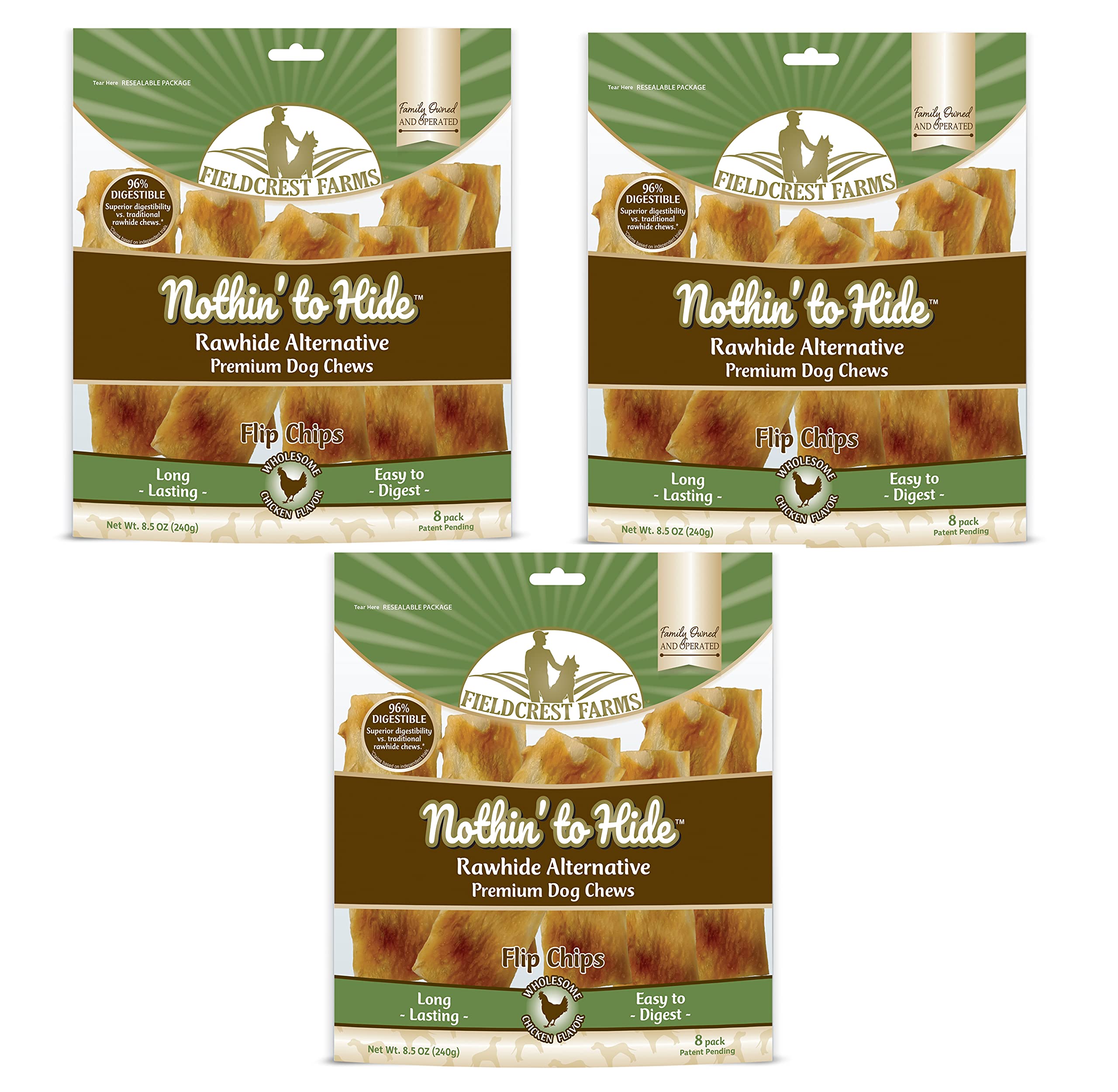 Fieldcrest Farms Nothin to Hide Flip Chips pack shot highlighting rawhide-free dog chews for all breeds.