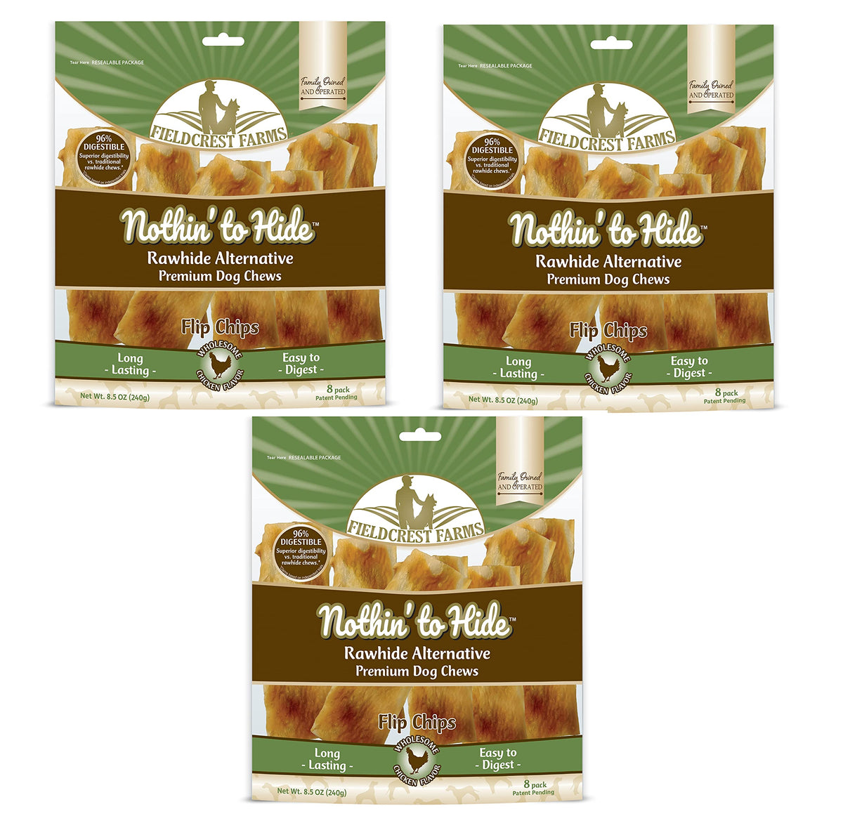 Fieldcrest Farms Nothin to Hide Flip Chips pack shot highlighting rawhide-free dog chews for all breeds.