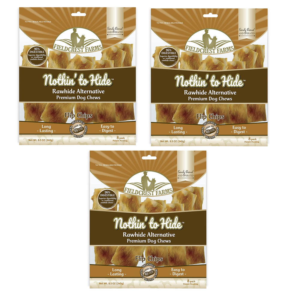 Fieldcrest Farms Nothin to Hide Flip Chips packaging shows rawhide-free chews for dogs