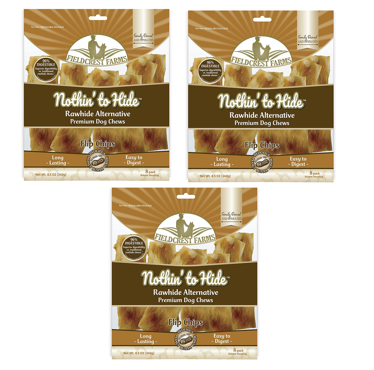 Fieldcrest Farms Nothin to Hide Flip Chips packaging shows rawhide-free chews for dogs