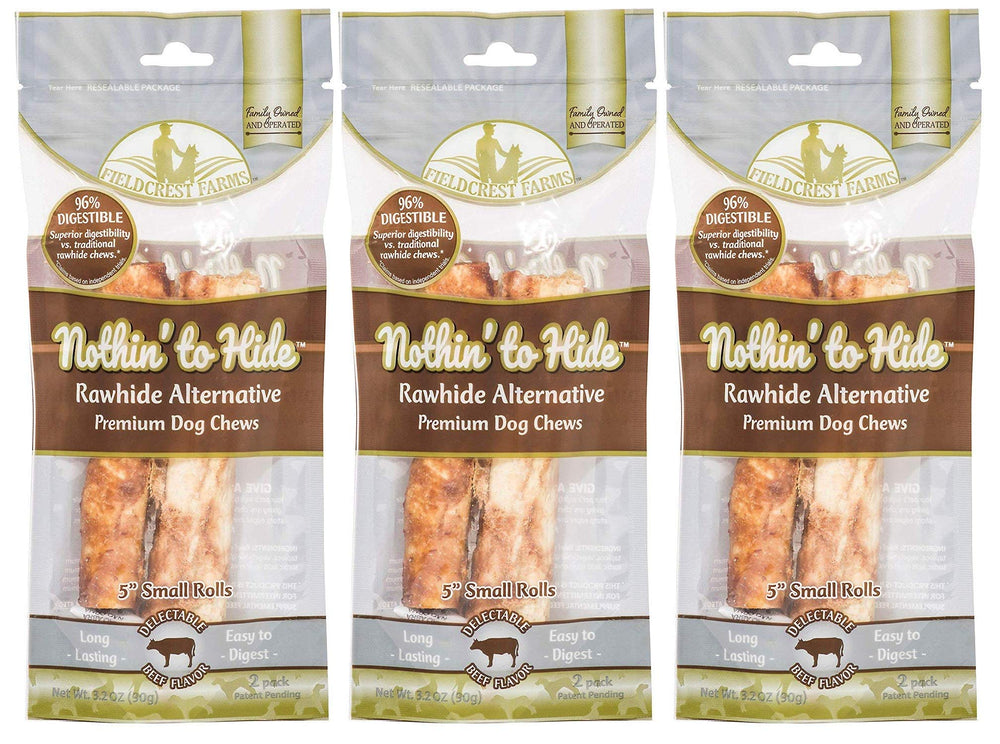 Fieldcrest Farms Nothing to Hide rolls packaging shows rawhide-free choice for digestion