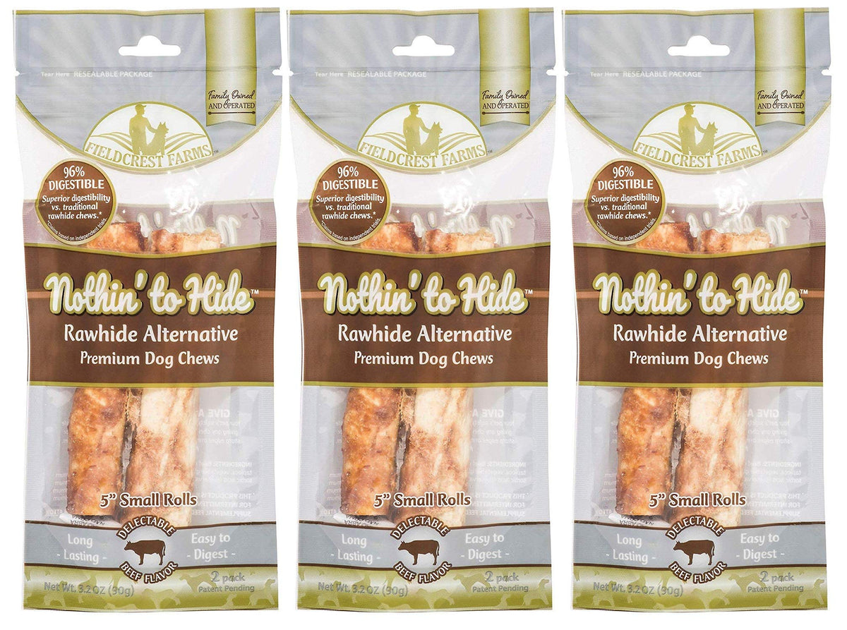 Fieldcrest Farms Nothing to Hide rolls packaging shows rawhide-free choice for digestion