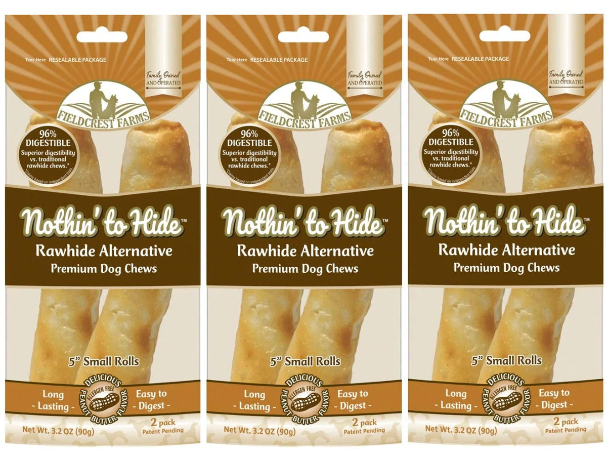 Fieldcrest Farms Nothing to Hide peanut butter 5-inch rolls for dogs aiding chew satisfaction.