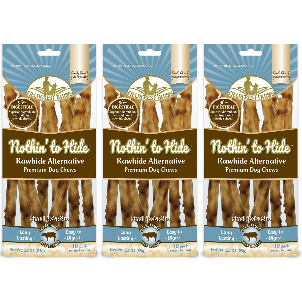 Fieldcrest Farms Nothing to Hide Twist Stix beef packaging highlights 3-pack convenience for dogs.