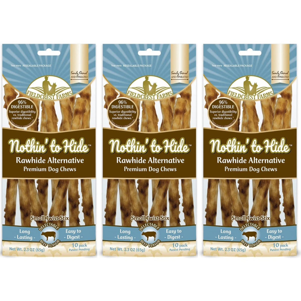 Fieldcrest Farms Nothing to Hide Twist Stix beef packaging highlights 3-pack convenience for dogs.