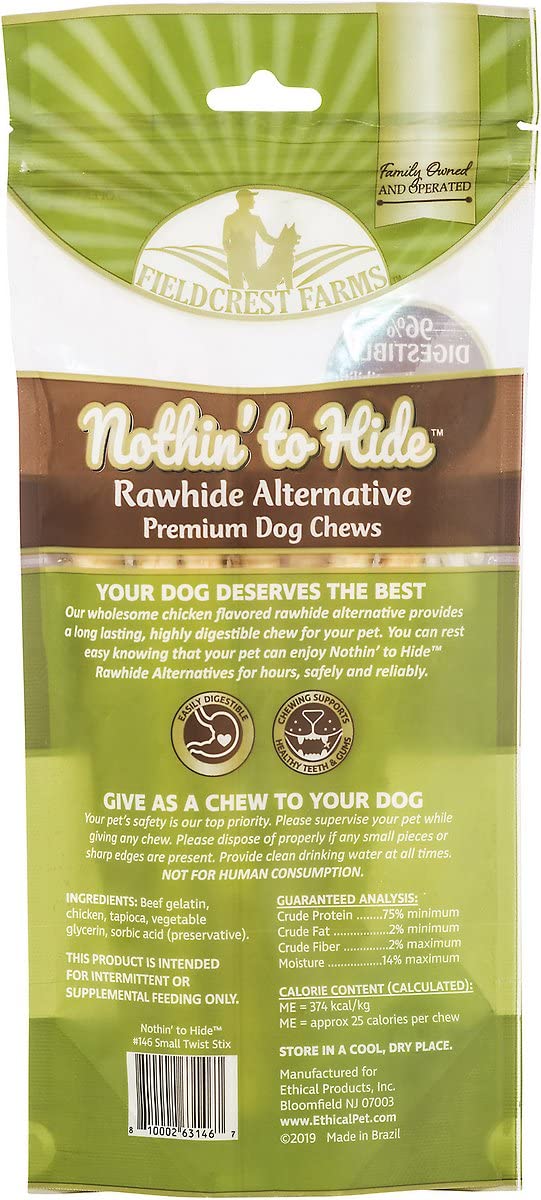 Fieldcrest Farms Nothing to Hide Twist Stix no-rawhide label underscores safer alternative for dogs.