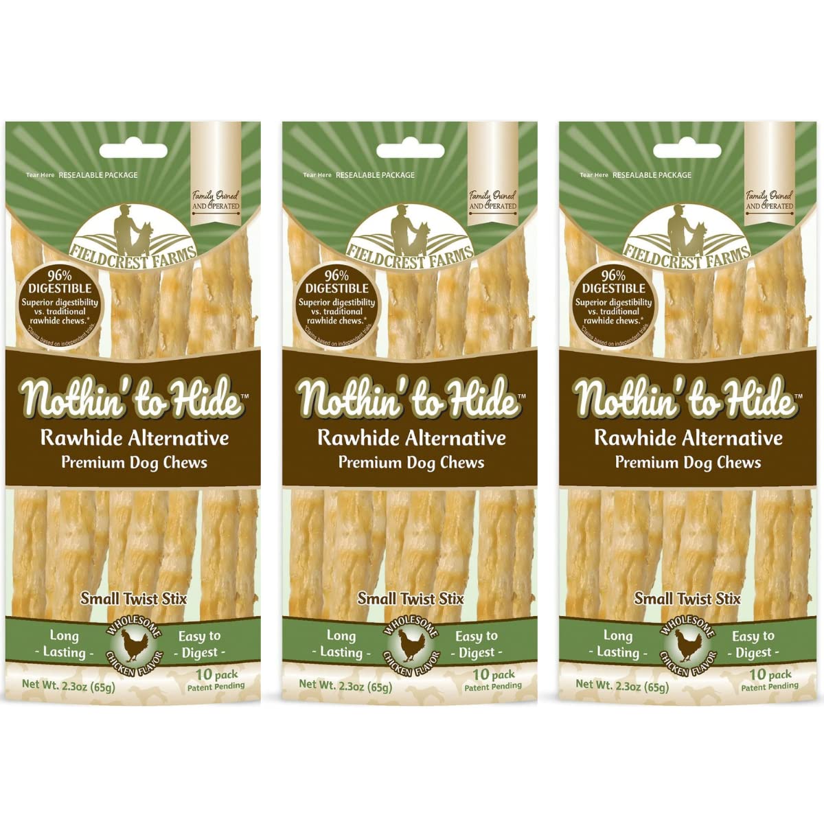 Fieldcrest Farms Nothing to Hide Twist Stix pack front shows a satisfying dog chew.