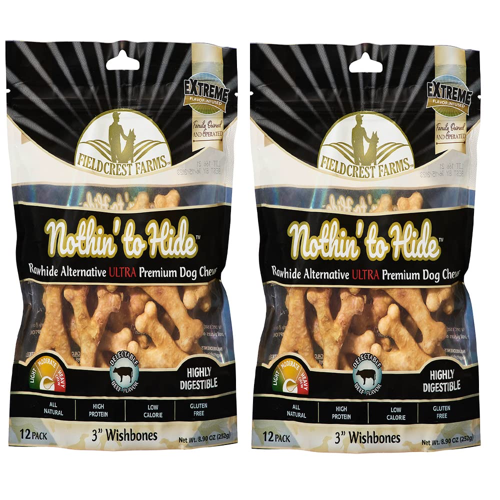 Fieldcrest Farms Nothing to Hide 3-inch wish bone dog chew promotes dental interest and digestibility.