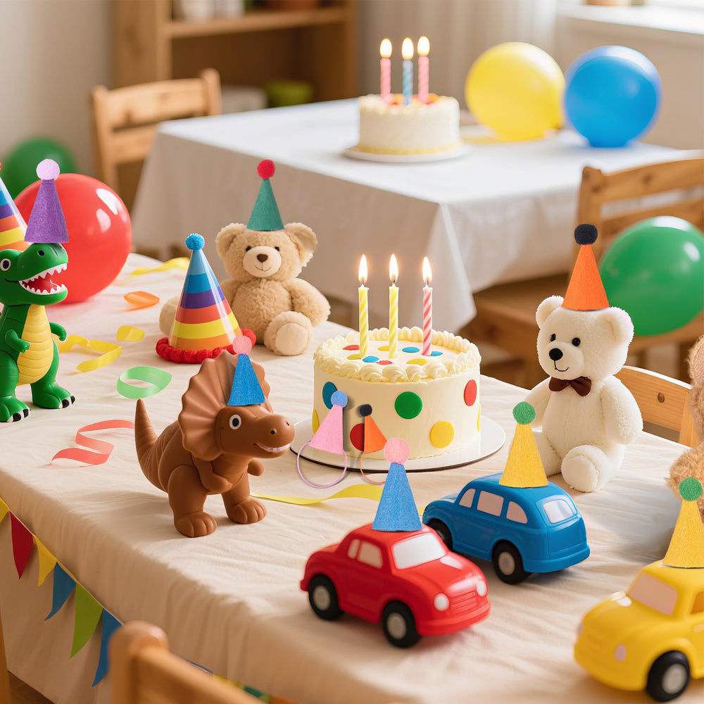 Fiestivo mini party hat for stuffed animals in yellow adds whimsy to pet figures.