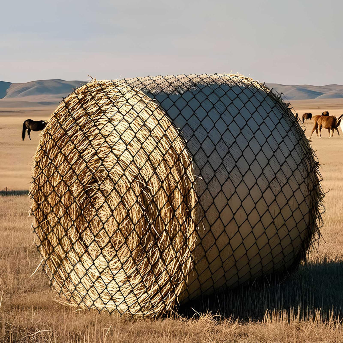Fifatopo large round bale hay net assembled shows 5x5ft size for efficient bale containment.