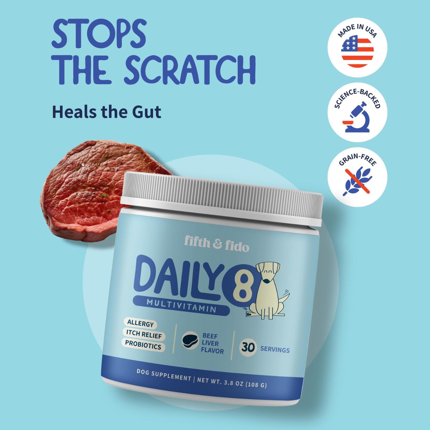 Fifth & Fido Better Than Dog Allergy Chews bottle on counter communicates trusted anti-itch support