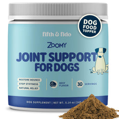 Fifth & Fido joint supplement bottle pouring supports dog mobility during daily activities.