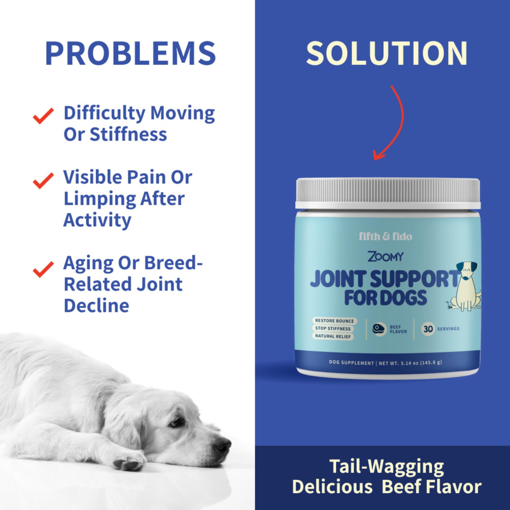 Fifth & Fido joint supplement dry food topper blends into meals easily.