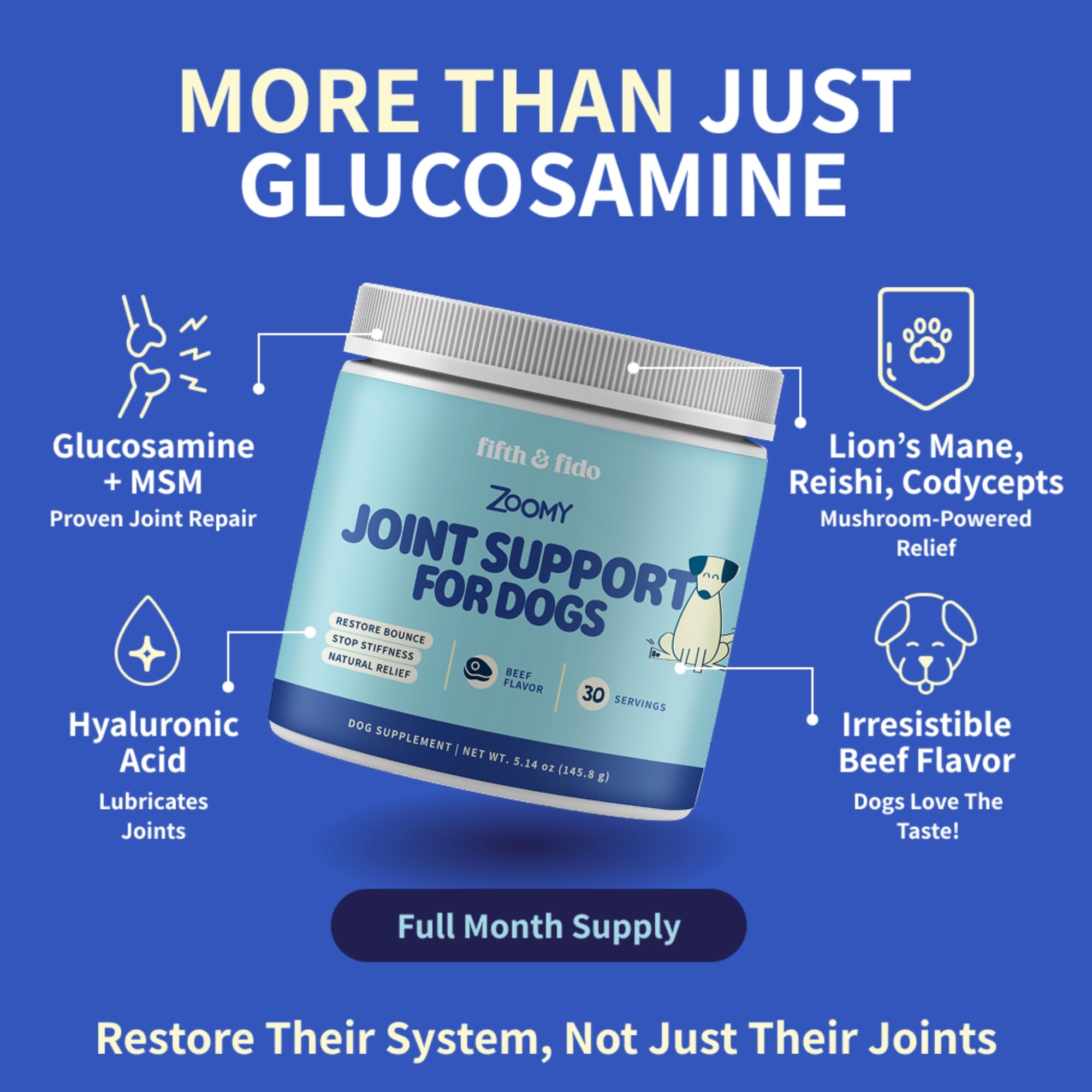 Fifth & Fido joint supplement powder scoop helps you portion servings for consistent dosing.