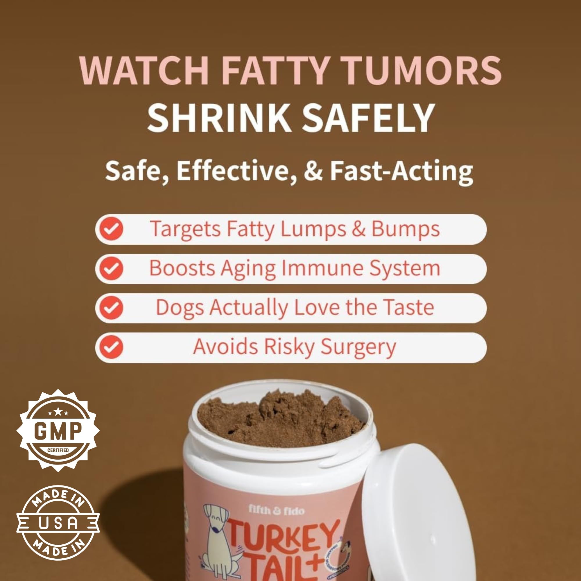 Fifth & Fido reishi mushroom dog supplement emphasizes vitality for dogs.