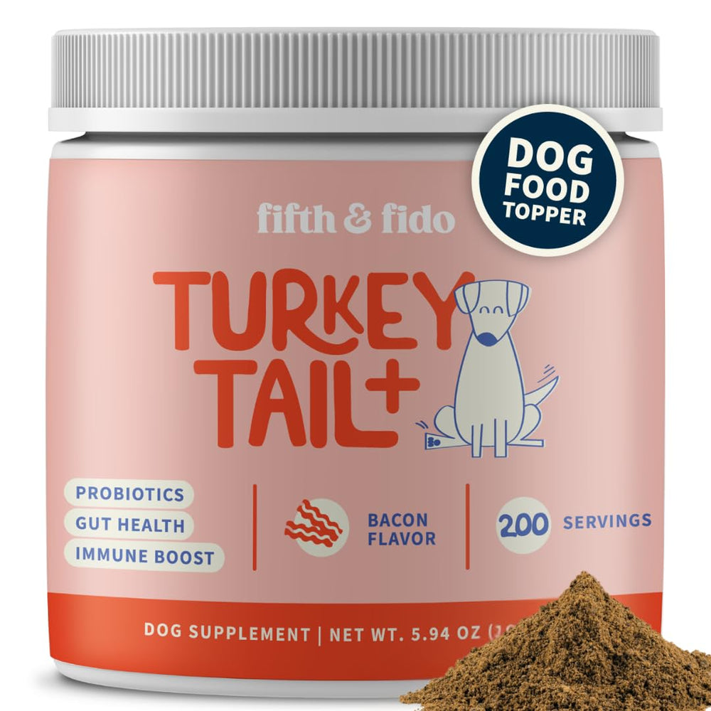 Fifth & Fido turkey tail probiotics bottle signals canine immune support.