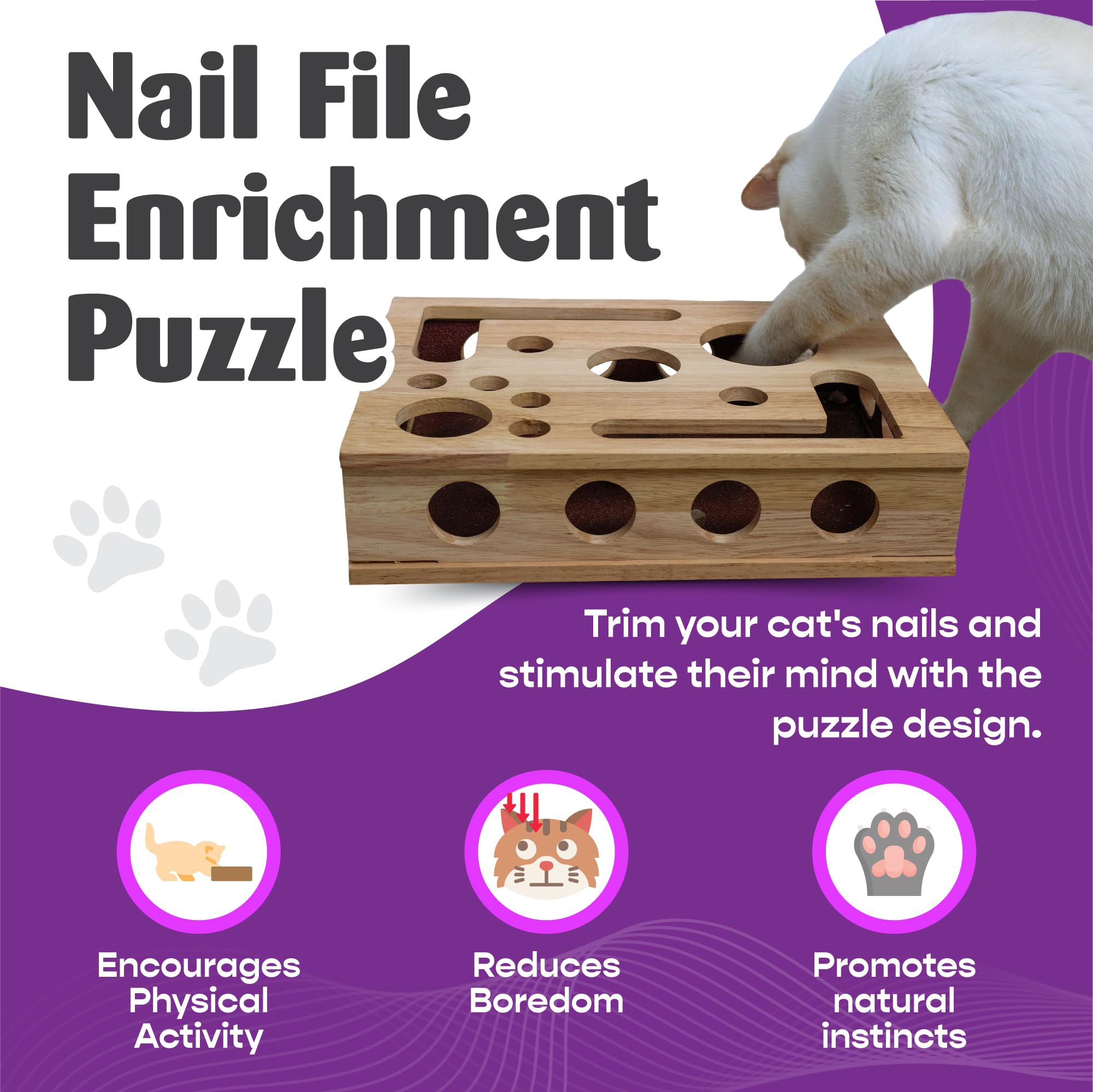 Fig & Friends cat nail file scratch box in-use highlights hands-free grooming activity.