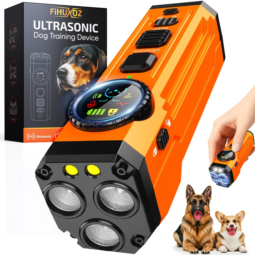 Fihuxoz dog bark deterrent display front shows mode and battery at a glance.
