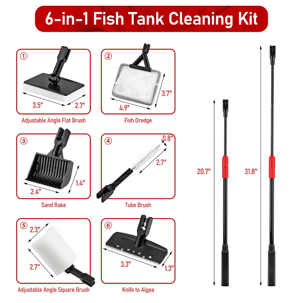 Filhome telescopic handle extended for reaching hard-to-clean tank depths.