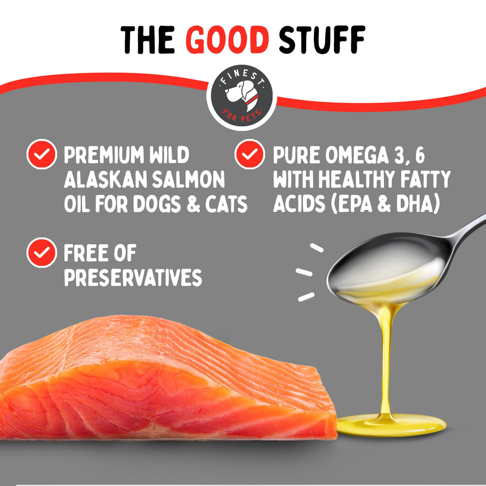 Finest For Pets EPA-DHA rich salmon oil close-up promoting coat shine and softness.