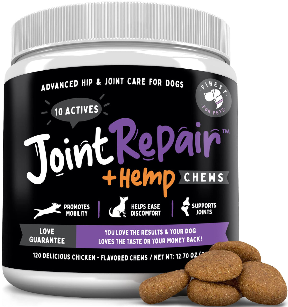 Finest For Pets Joint Repair chews bottle packaging for easy daily dosing