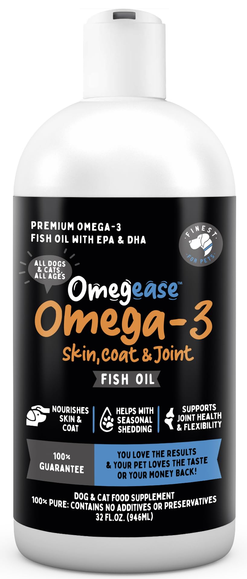 Finest For Pets Omegease 32oz bottle highlighting wild-caught omega-3 for joints