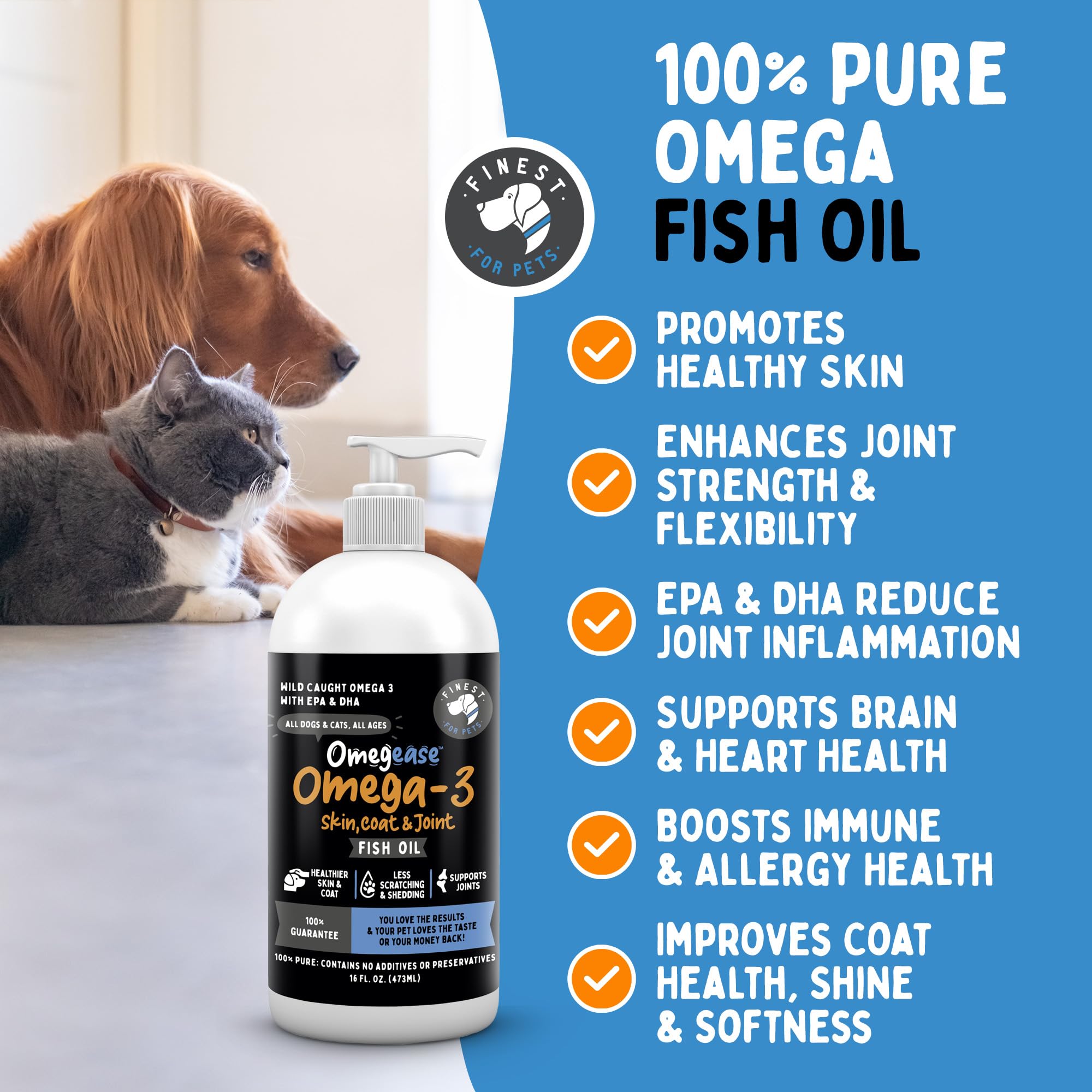 Finest For Pets Omegease bottle pour view showing easy dosing