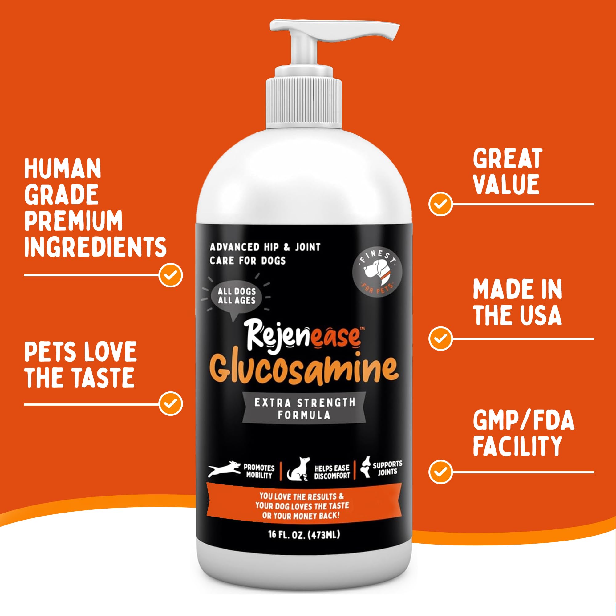 Finest For Pets premium glucosamine label close-up highlighting ingredients