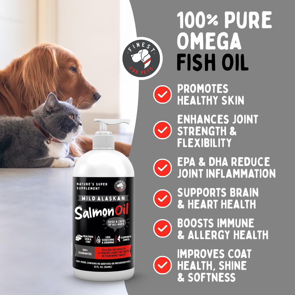Finest For Pets salmon oil pour spout showing easy daily dosing at mealtime.