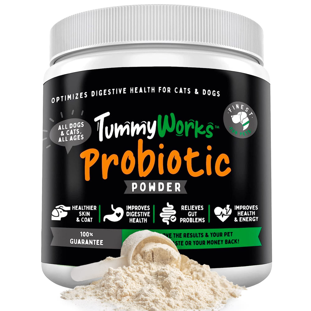 Finest For Pets TummyWorks Probiotic Powder bottle closeup supports digestive health for dogs and cats.