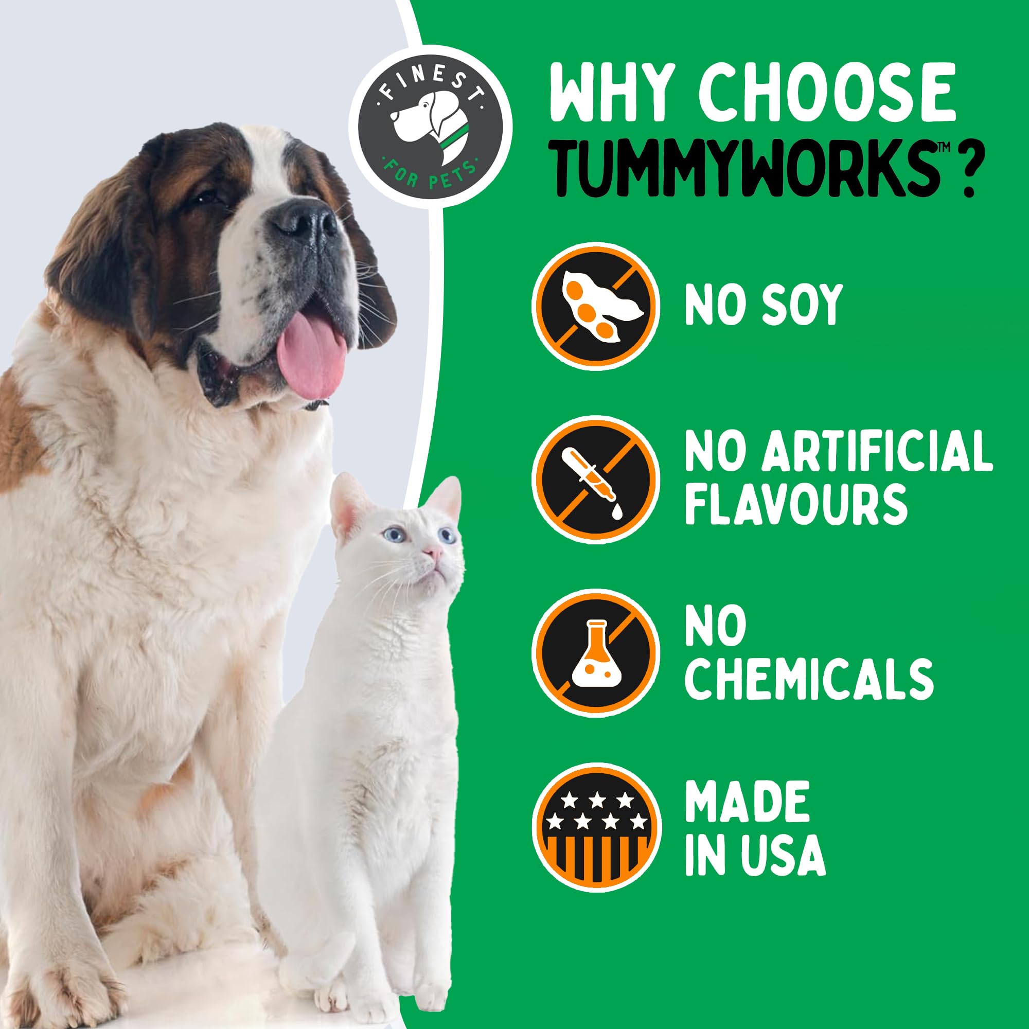 Finest For Pets TummyWorks Probiotic Powder being sprinkled into a dog's bowl for daily gut health.