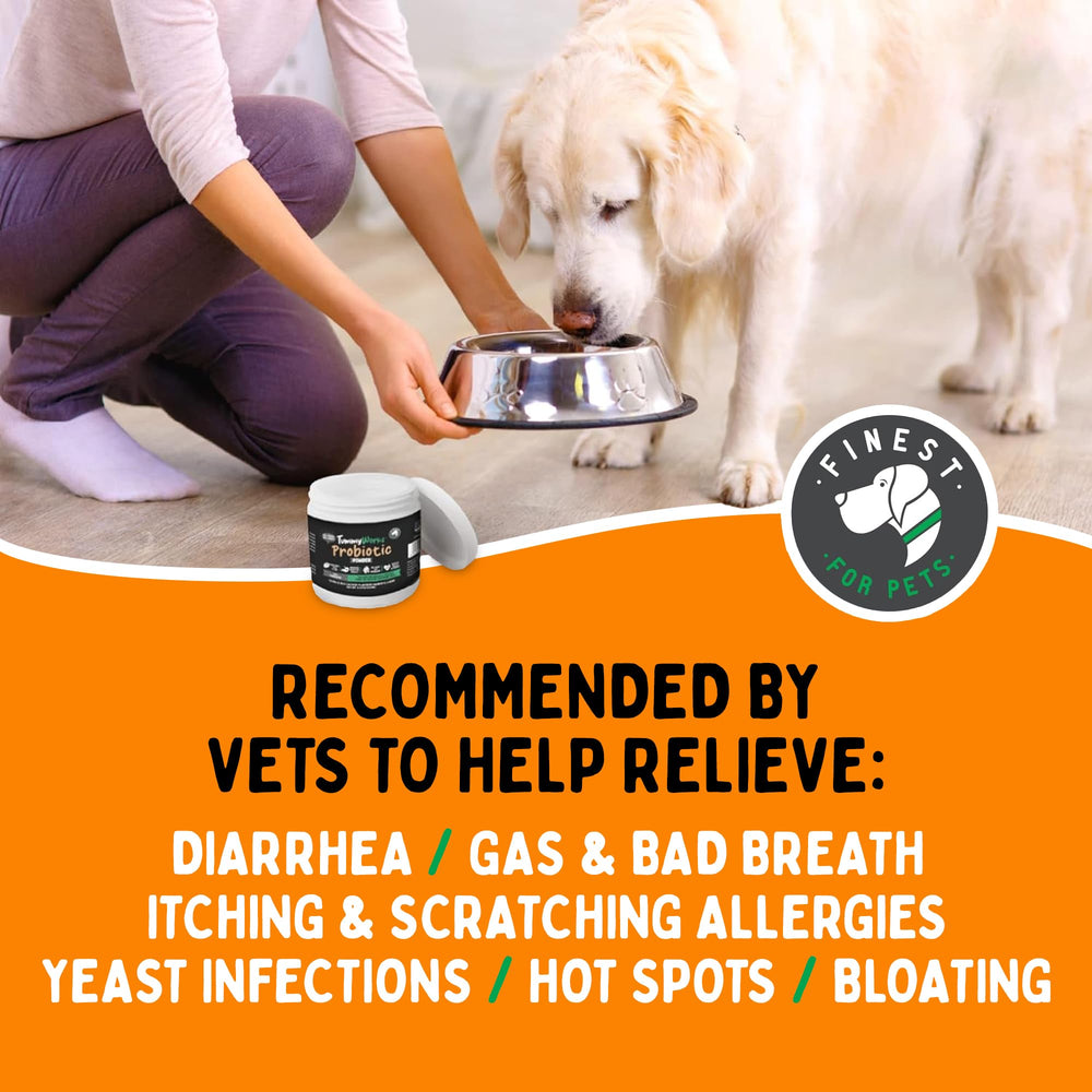 Finest For Pets TummyWorks Probiotic Powder label closeup highlighting prebiotics and enzymes.