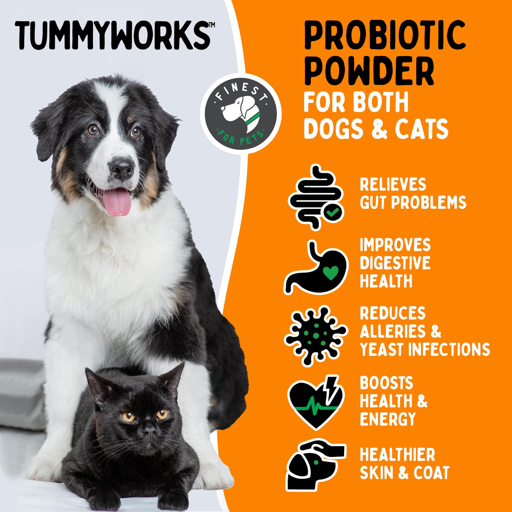 Finest For Pets TummyWorks Probiotic Powder scoop in food for easy daily digestion support.