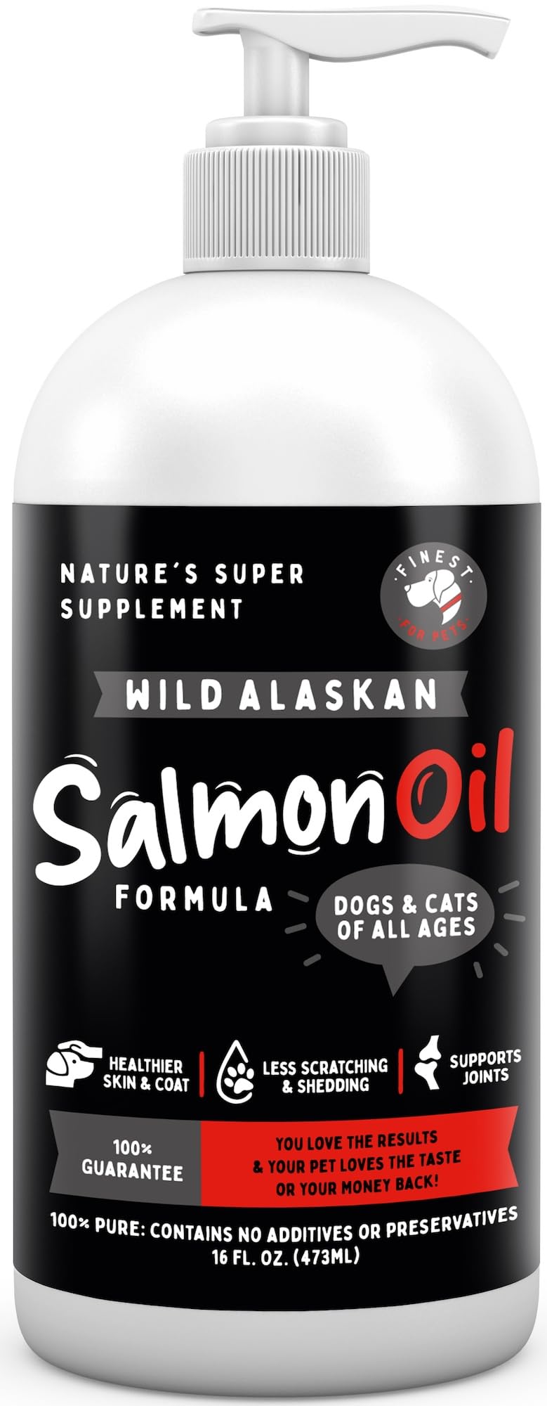 Finest For Pets wild Alaskan salmon oil bottle highlighting omega-3 for healthy skin and coat.