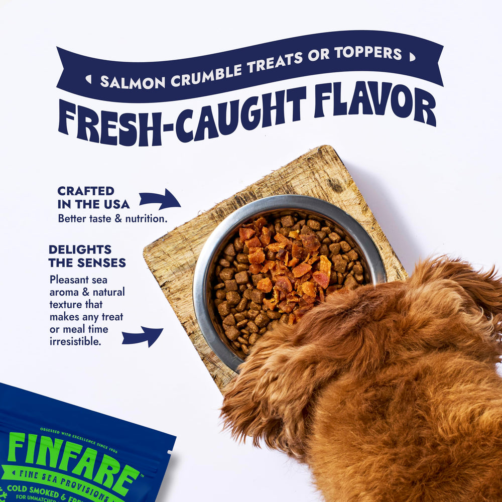 Finfare Crunchy Salmon Crumbles provide texture ideal for rewards and meals.