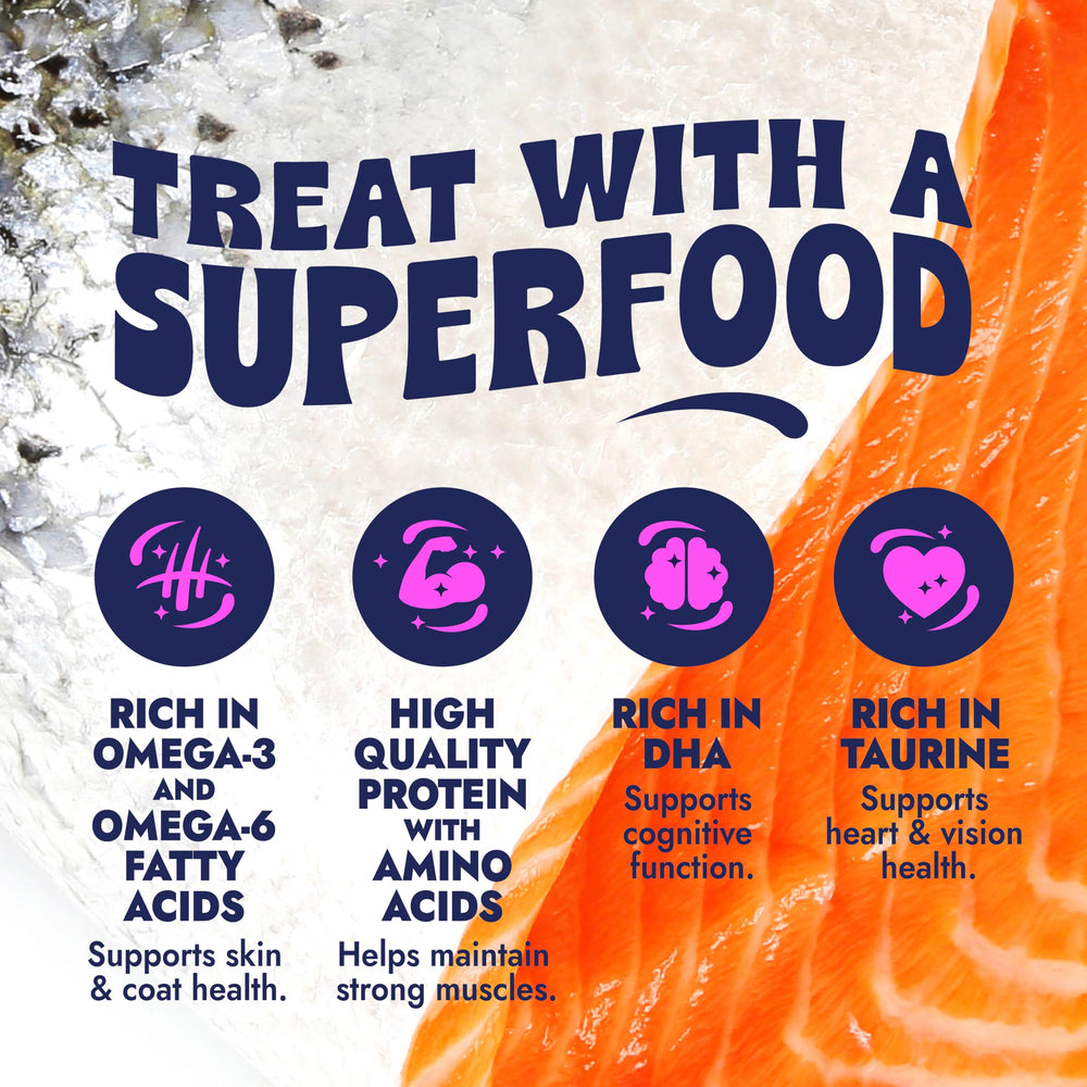 Finfare freeze-dried toppers serving suggestion—mealtime topper to enrich meals with crunch.