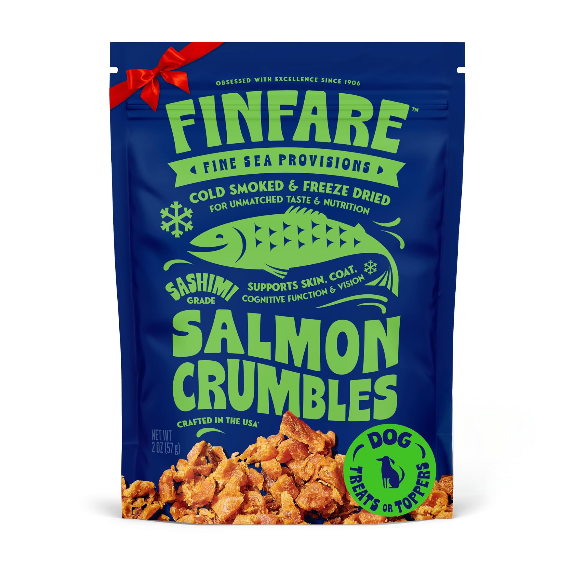 Finfare Salmon Crumbles freeze-dried toppers add crunchy texture and tasty flavor to meals.