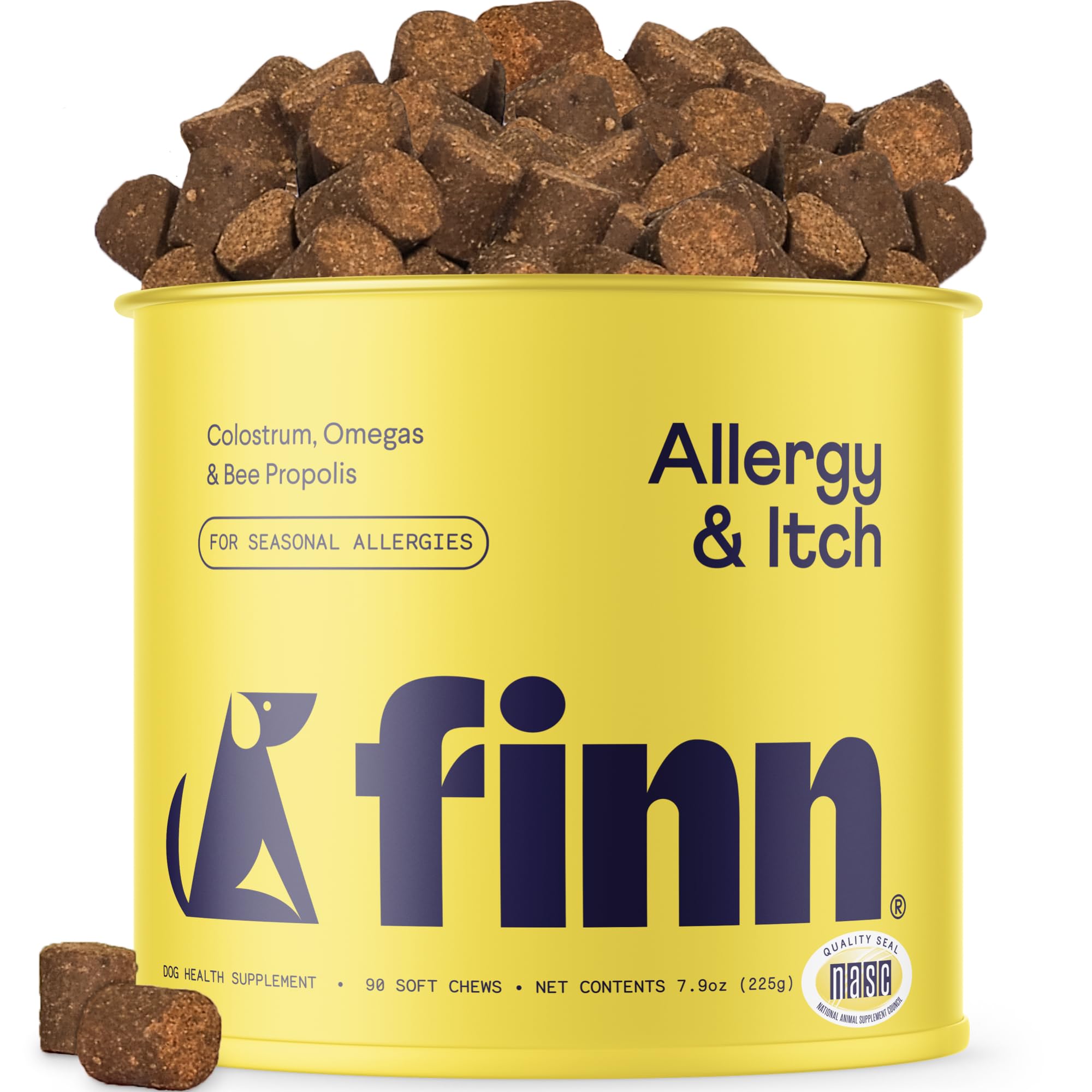 Finn Allergy Itch bottle label highlights ingredients for seasonal comfort in dogs