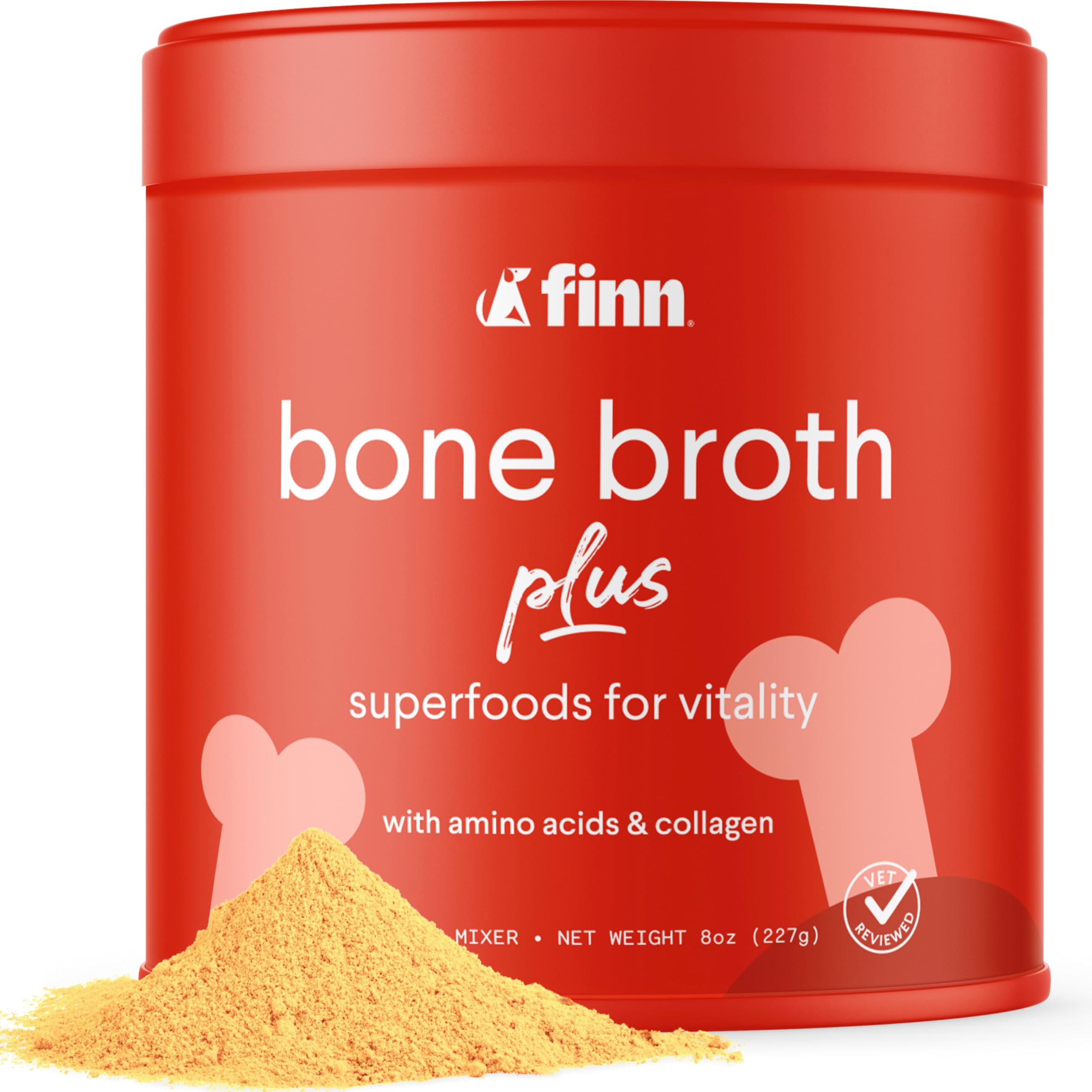 Finn Bone Broth Plus being served in a dog bowl for joint support and flavor.