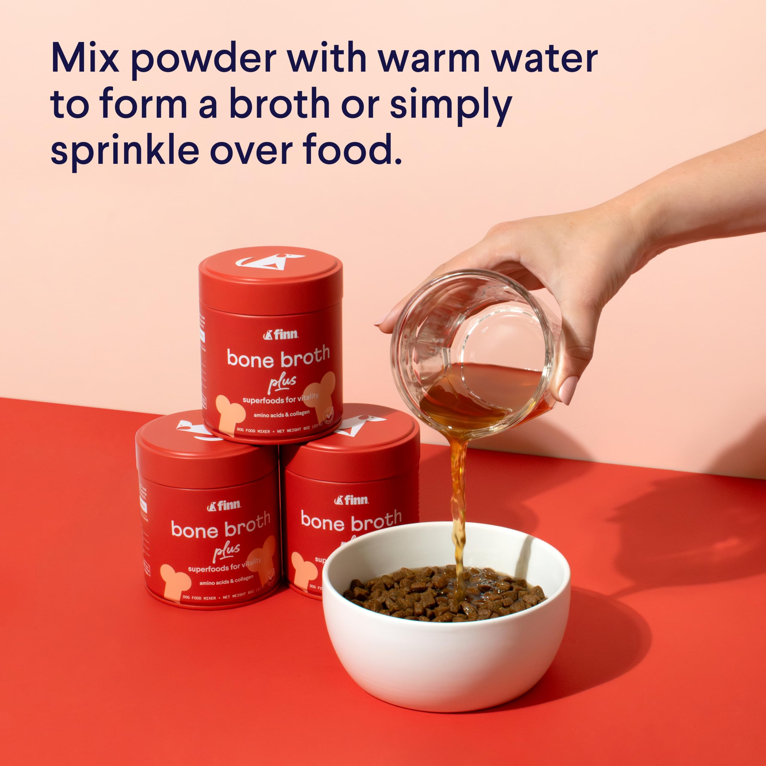 Finn Bone Broth Plus packaging close-up emphasizing vet-formulated quality and safety.