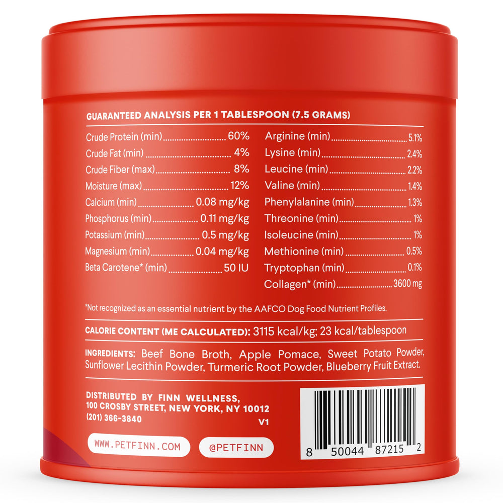 Finn Bone Broth Plus USA-made cgmp facility seal visible for quality manufacturing.