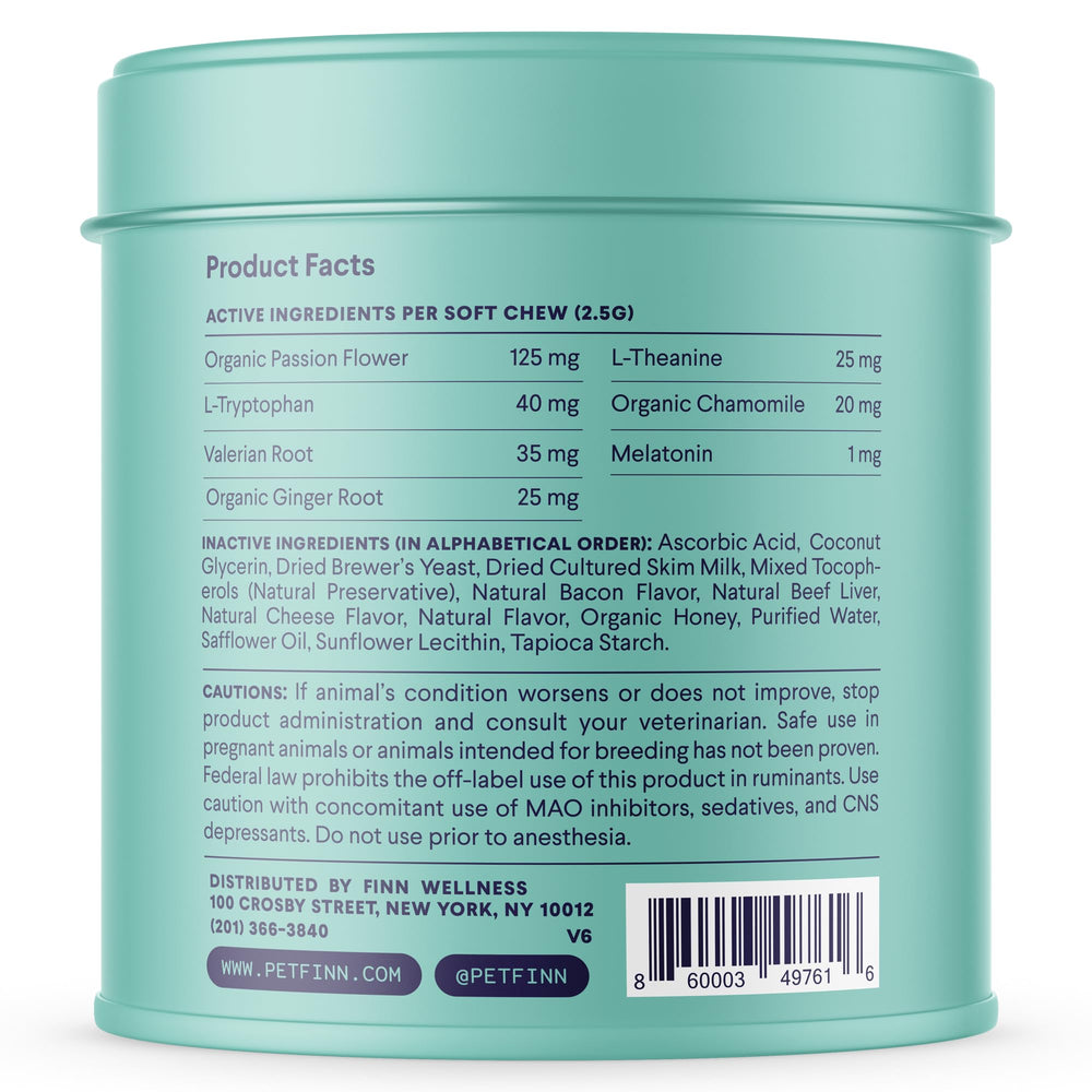 Finn Calming Aid melatonin chamomile blend emphasizing relaxation support for pets