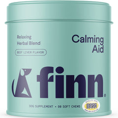 Finn Calming Aid packaging showing easy-to-dose chews for calmer dogs