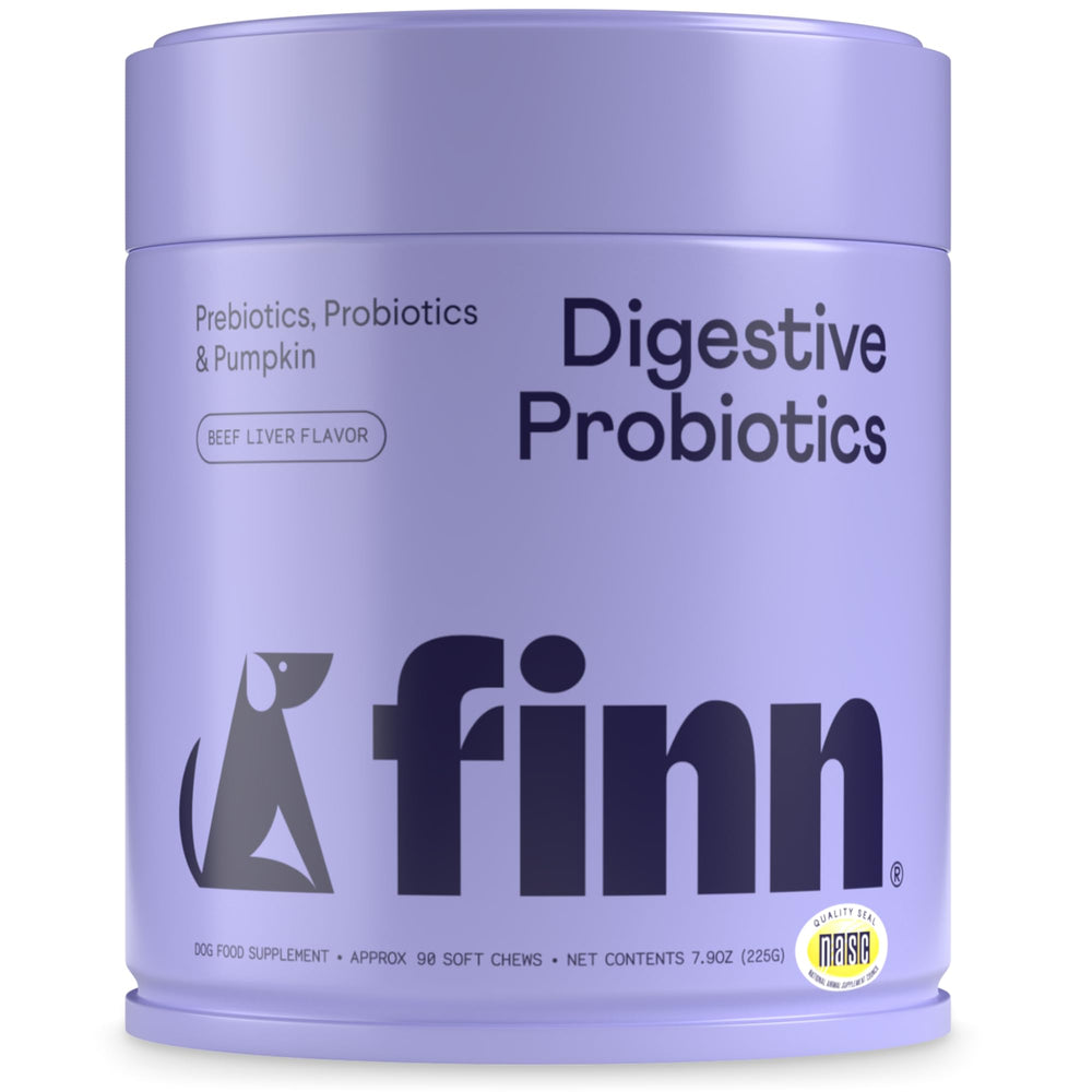 Finn Comfy Pup Bundle digestive probiotics—six strains and 3B CFU support digestion.