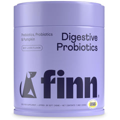 Finn Comfy Pup Bundle digestive probiotics—six strains and 3B CFU support digestion.