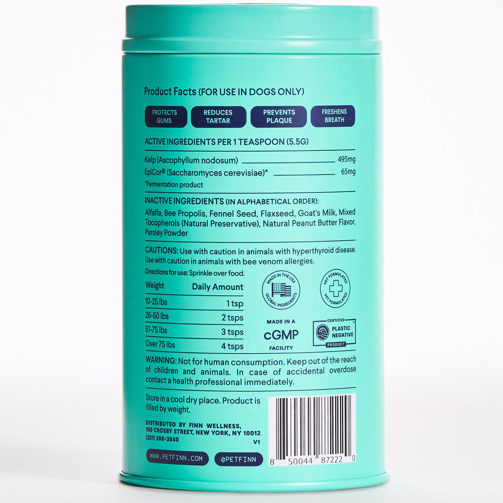 Finn Dental Powder close-up on dog mouth area showing gum friendly care