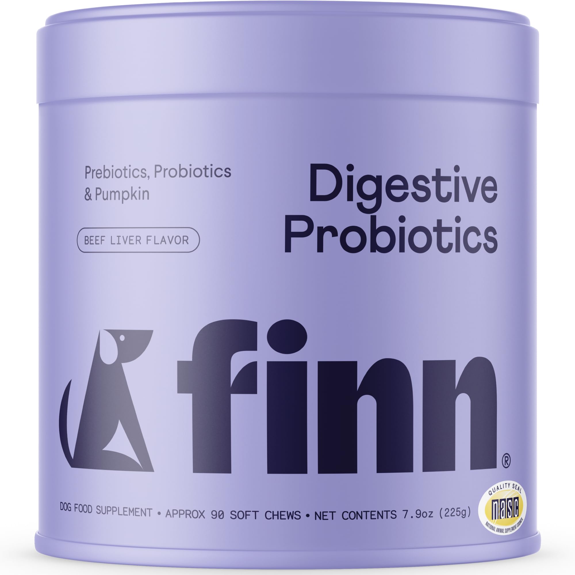 Finn Digestive Probiotics for Dogs bottle pours to show easy daily dosing for gut support.